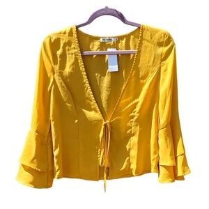 Farrow Golden Open Tie Blouse Flare Bell Sleeves Medium‎ NWT